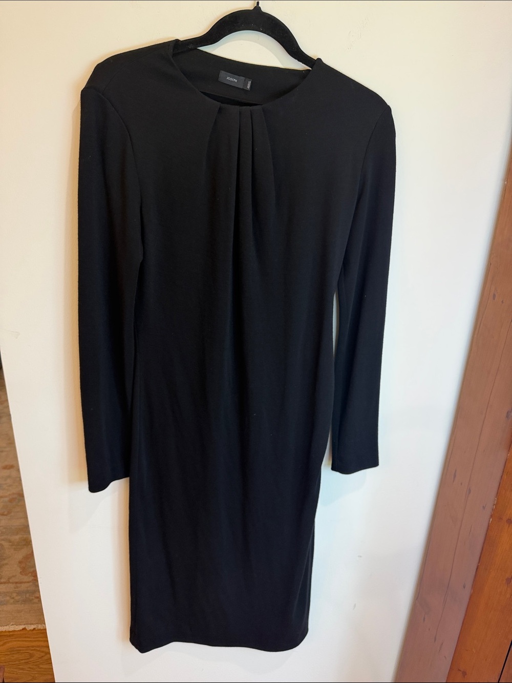Joseph 100% Virgin Wool Black Long-Sleeve Pleated-Neck Dress, 40